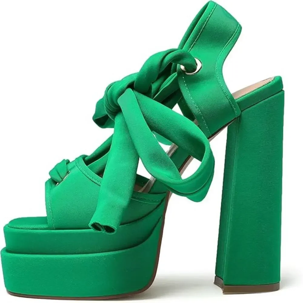 NWT Lace Up Platform Ankle Strap Heeled Sandals Satin Square Chunky Block Heel - Picture 4 of 6